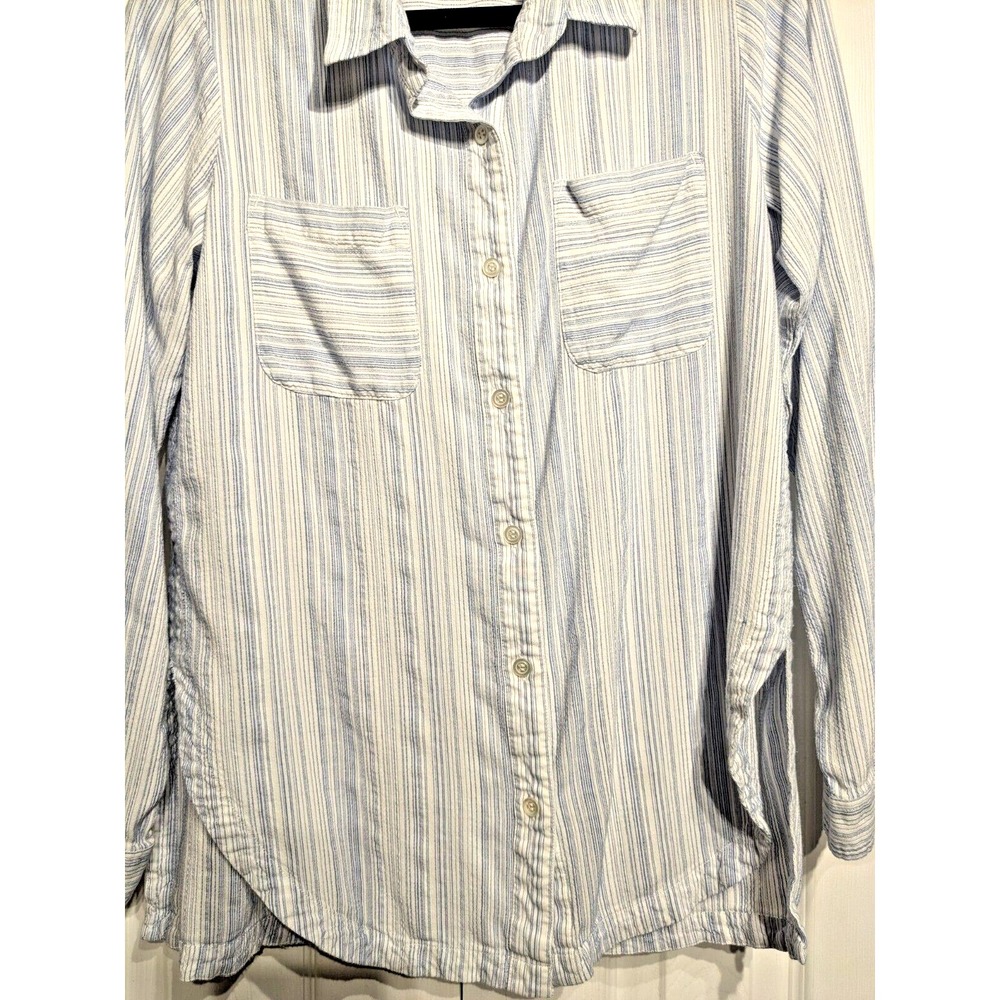 ATHLETA Womens Sz M Blue Stripe Button Pocket Curved Hem Viscose Roll Tab Sleeve - Picture 3 of 16
